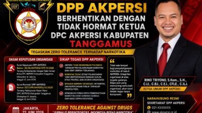 DPP AKPERSI Berhentikan Dengan Tidak Hormat Ketua DPC Tanggamus, Tegaskan Zero Tolerance Narkotika